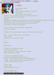 Size: 584x809 | Tagged: source needed, useless source url, safe, dj pon-3, vinyl scratch, oc, oc:anon, g4, /mlp/, 4chan, 4chan screencap, anon in equestria, greentext, rejection, rejection is magic, sad, text