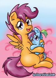Size: 1065x1468 | Tagged: safe, artist:anibaruthecat, scootaloo, oc, pegasus, pony, comic:cuddle clouds, g4, baby, comic, cute, explicit source, hug, implied foalcon, looking at you, magical lesbian spawn, offspring, open mouth, parent:rainbow dash, parent:scootaloo, parents:scootadash, sitting, smiling