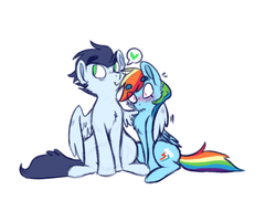 Size: 708x540 | Tagged: safe, artist:flower-power-love, rainbow dash, soarin', pegasus, pony, g4, blushing, chest fluff, cute, cutie mark, daaaaaaaaaaaw, female, heart, hug, looking up, love, male, ship:soarindash, shipping, sitting, smiling, soarinbetes, straight, surprised, thick eyebrows, thought bubble, winghug, wings
