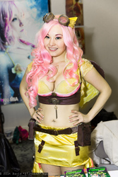 Size: 1365x2048 | Tagged: safe, artist:ani-mia, fluttershy, human, g4, 2014, belly button, cleavage, convention, cosplay, emerald city comic con, female, goggles, hand on hip, irl, irl human, midriff, photo, solo