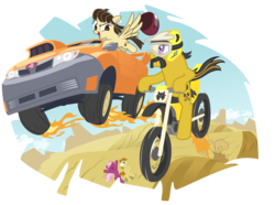 Size: 4286x3185 | Tagged: safe, artist:mick-o-maikeru, cheerilee, mandopony, wild fire, g4, action pose, car, dirt bike, driving, dustykatt, goggles, helmet, motorcycle, race, racing, riding