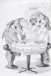 Size: 600x904 | Tagged: dead source, safe, artist:thepingaslord, rainbow dash, rarity, g4, dialogue, drink, gossip, grayscale, monochrome, sitting, table, traditional art, unshorn fetlocks