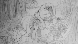 Size: 2020x1136 | Tagged: dead source, safe, artist:thepingaslord, fluttershy, g4, eyes closed, female, flower, forest, grayscale, horseshoes, monochrome, pencil drawing, solo, traditional art, wip