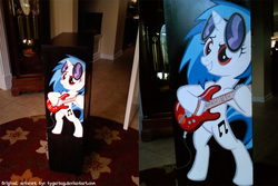 Size: 1000x667 | Tagged: dead source, safe, artist:thepingaslord, artist:tygerbug, dj pon-3, vinyl scratch, pony, g4, bipedal, customized toy, electric guitar, guitar, irl, musical instrument, painting, speaker, traditional art
