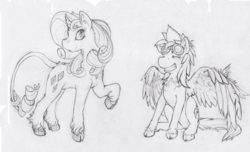 Size: 900x546 | Tagged: dead source, safe, artist:thepingaslord, rainbow dash, rarity, classical unicorn, g4, cloven hooves, goggles, horn, leonine tail, monochrome, sitting, traditional art, unshorn fetlocks