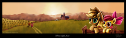 Size: 2161x648 | Tagged: safe, artist:reillyington86, apple bloom, applejack, big macintosh, earth pony, pony, g4, fence, grin, leaning, looking at you, male, orchard, scenery, smiling, stallion, sunset, sweet apple acres