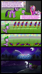 Size: 2362x4134 | Tagged: safe, artist:seer45, princess cadance, spike, twilight sparkle, alicorn, pony, equestria games, g4, alternate ending, alternate scenario, bad end, comic, crying, female, fire, fireworks, implied death, mare, sad, scene parody, smiling, stadium, suitcase, the equestria games, twilight sparkle (alicorn), wide eyes