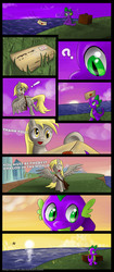 Size: 2480x5906 | Tagged: safe, artist:seer45, derpy hooves, spike, pegasus, pony, g4, comic, exclamation point, female, good end, letter, mare, pointing, question mark, smiling, suitcase, sun, sunrise, underhoof