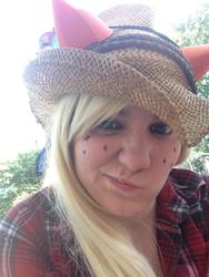 Size: 768x1024 | Tagged: safe, artist:pixelvixens, applejack, human, my little porny, g4, clothes, cosplay, flannel, freckles, hat, irl, irl human, photo, pixel vixens, selfie, solo, wig