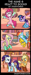 Size: 850x2000 | Tagged: safe, artist:drawponies, applejack, fluttershy, pinkie pie, rainbow dash, rarity, twilight sparkle, earth pony, pegasus, pony, unicorn, g4, bedroom eyes, bipedal, biting, clothes, comic, cute, eyes on the prize, flying, grin, grumpy, grumpy twilight, horn, lip bite, looking at butt, mane six, mouth hold, open mouth, smiling, sock puppet, socks, striped socks, trace, unamused, unicorn twilight