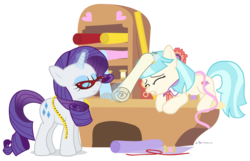 Size: 1125x725 | Tagged: safe, artist:dm29, coco pommel, rarity, g4, bad pony, bop, duo, fabric, glasses, gritted teeth, magic, measuring tape, simple background, swatting, thread, transparent background