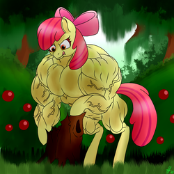 Size: 1000x1000 | Tagged: safe, artist:baronbulge, apple bloom, earth pony, pony, g4, :p, apple brawn, bipedal leaning, female, muscles, overdeveloped muscles, solo, tongue out, trunk, vein, wat