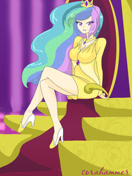 Size: 1500x2000 | Tagged: safe, artist:myumlamy, artist:sorahammer, princess celestia, human, g4, cleavage, female, humanized, looking at you, pixiv, solo