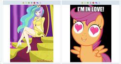 Size: 526x279 | Tagged: safe, princess celestia, scootaloo, human, derpibooru, g4, exploitable meme, heart eyes, humanized, juxtaposition, juxtaposition win, meme, meta, that was fast