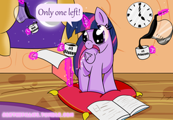 Size: 1000x696 | Tagged: safe, artist:askthefillies, twilight sparkle, alicorn, pony, ask the fillies, g4, book, coffee, female, magic, mare, multitasking, pouring, reddened eyes, solo, twilight sparkle (alicorn), wide eyes