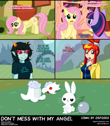 Size: 1948x2222 | Tagged: safe, artist:dsp2003, angel bunny, fluttershy, twilight sparkle, human, pegasus, pony, unicorn, g4, chains, colored glasses, comic, crossover, female, ghost trick, glasses, homestuck, lynne, male, mare, plushie, pyralspite, scalemate, terezi pyrope, troll (homestuck)