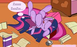 Size: 1000x612 | Tagged: safe, artist:askthefillies, twilight sparkle, alicorn, pony, ask the fillies, g4, book, female, filly, filly twilight sparkle, mare, on back, scroll, sleeping, solo, twilight sparkle (alicorn), younger