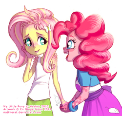 Size: 600x571 | Tagged: safe, artist:nattherat, fluttershy, pinkie pie, equestria girls, g4, blushing, eye contact, holding hands