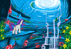 Size: 1000x696 | Tagged: safe, artist:mlpdarksparx, rarity, g4, cave, female, flower, gem, legitimately amazing mspaint, ms paint, ruby, scenery, solo, waterfall