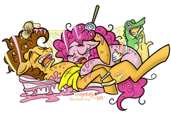 Size: 1024x691 | Tagged: safe, artist:dragonfoxgirl, artist:flower-power-love, boneless, cheese sandwich, gummy, pinkie pie, alligator, earth pony, pony, g4, after party, cake, candy corn, cheese, cupcake, female, food, lollipop, male, messy, messy mane, sandwich, ship:cheesepie, shipping, signature, sleeping, straight