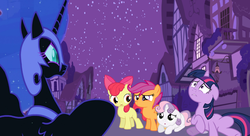 Size: 1000x544 | Tagged: safe, artist:fallingrain22, apple bloom, scootaloo, sweetie belle, twilight sparkle, oc, oc:nyx, fanfic:past sins, g4, nightmare nyx