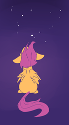 Size: 1649x2964 | Tagged: safe, artist:dreamynart, artist:maddreamyn, scootaloo, pegasus, pony, g4, back, behind, female, filly, floppy ears, foal, folded wings, gradient background, looking up, rear view, sitting, solo, stargazing, stars, wings