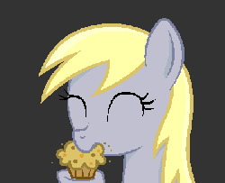 Size: 400x325 | Tagged: safe, artist:negasun, derpy hooves, pegasus, pony, g4, animated, cute, derpabetes, eating, eyes closed, female, mare, muffin, nom, smiling, solo, that pony sure does love muffins