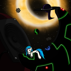 Size: 1024x1024 | Tagged: safe, artist:chaikeon, dj pon-3, vinyl scratch, pony, unicorn, g4, drop the bass, female, music notes, planet, rave, record, solo, space