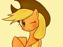 Size: 640x480 | Tagged: safe, artist:hebibox, applejack, g4, female, pixiv, simple background, solo, wink