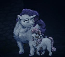 Size: 1012x882 | Tagged: safe, artist:meaninglessspine, rarity, sweetie belle, fluffy pony, g4, crying, dirty, duo
