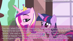 Size: 1280x720 | Tagged: safe, princess cadance, twilight sparkle, alicorn, pony, g4, bedroom eyes, diverse-mlp-headcanons, duo, grammar error, headcanon, male to female, text, trans twilight sparkle, transgender, twilight sparkle (alicorn)