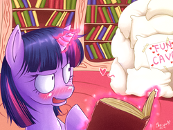 Size: 1600x1200 | Tagged: safe, artist:nyako-shoyu, twilight sparkle, pony, g4, blushing, book, female, fun cave, heart, implied chrysipuff, implied fluffle puff, implied lesbian, implied queen chrysalis, implied shipping, lesbian, library, pillow fort, ship:chrysipuff, shipping, solo