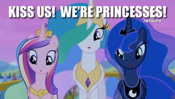 Size: 794x448 | Tagged: safe, edit, edited screencap, screencap, princess cadance, princess celestia, princess luna, alicorn, pony, g4, twilight's kingdom, bronybait, hub logo, image macro, kissing, meme, trio