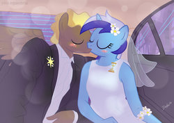 Size: 1024x724 | Tagged: safe, artist:devanstar, compass star, minuette, anthro, g4, clothes, compuette, dress, duo, female, kissing, male, marriage, shipping, straight, wedding, wedding dress