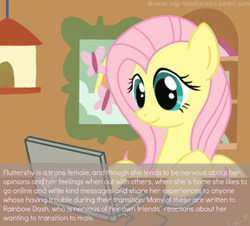 Size: 1280x1159 | Tagged: safe, artist:oomles, fluttershy, g4, computer, computer mouse, diverse-mlp-headcanons, duckery in the comments, duckery in the description, female to male, headcanon, laptop computer, male to female, solo, text, trans fluttershy, transgender