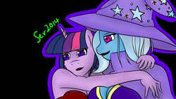 Size: 1280x720 | Tagged: safe, artist:lazysstorm, trixie, twilight sparkle, anthro, g4, duo, female, lesbian, ship:twixie, shipping