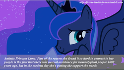 Size: 899x507 | Tagged: safe, princess luna, alicorn, pony, g4, autism, autistic luna, diverse-mlp-headcanons, female, headcanon, neurodivergent headcanon, solo, text, wat