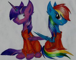 Size: 1024x814 | Tagged: safe, artist:acridie, rainbow dash, twilight sparkle, alicorn, pegasus, pony, g4, clothes, duo, female, grin, horn, horn ring, insanity, magic suppression, mare, prison outfit, prisoner, prisoner rd, prisoner ts, smiling, traditional art, twilight sparkle (alicorn), watercolor painting