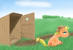 Size: 1232x846 | Tagged: safe, artist:lemurkatta, applejack, g4, female, grass, outhouse, sitting, solo