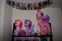 Size: 3872x2592 | Tagged: safe, pinkie pie, princess cadance, twilight sparkle, alicorn, pony, g4, dog tags, female, high res, mare, mcdonald's happy meal toys, piggy bank, twilight sparkle (alicorn)