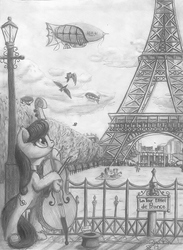 Size: 1190x1627 | Tagged: safe, artist:niegelvonwolf, octavia melody, bird, pony, g4, airship, bipedal, cello, eiffel tower, monochrome, musical instrument, paris, traditional art