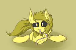 Size: 3600x2400 | Tagged: safe, artist:askthemothponies, oc, oc only, oc:golden corral, mothpony, original species, ask the moths, female, filly, high res, long tongue, looking at you, lying down, simple background, solo, tongue out, yellow background