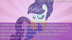 Size: 1280x720 | Tagged: safe, rarity, pony, unicorn, g4, clothes, diverse-mlp-headcanons, dress, fat, female, headcanon, lies, morbidly obese, obese, solo, text, wat, wish fulfillment