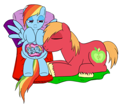 Size: 725x630 | Tagged: safe, artist:karmadash, big macintosh, rainbow dash, oc, oc:zapple, oc:zappletta, earth pony, pegasus, pony, g4, fetus, male, pony with birthmarks, pregnant, ship:rainbowmac, shipping, sleepy eyes, stallion, straight, x-ray