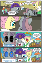 Size: 1482x2200 | Tagged: safe, artist:madmax, fluttershy, rarity, oc, pegasus, pony, robot, unicorn, fallout equestria, fallout equestria: the ghost of the wastes, g4, comic, desperation, eyes closed, female, filly, foal, hooves, horn, mare, old world blues, one eye closed, open mouth, os update, potty time, sweetie bot, teeth, updating, windows xp