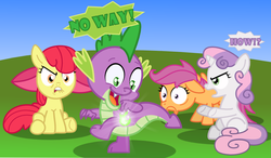 Size: 867x508 | Tagged: safe, artist:changeling #209458, apple bloom, scootaloo, spike, sweetie belle, dragon, earth pony, pegasus, pony, unicorn, g4, angry, crusadabuse, cutie mark, cutie mark crusaders, cutie mark on dragon, cutiespark, female, filly, how, jealous, lip bite, male, tree sap and pine needles
