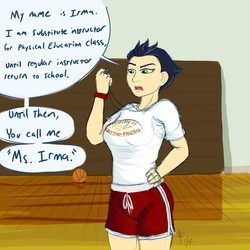 Size: 1400x1400 | Tagged: safe, artist:aa, giselle, irma, griffon, human, g4, basketball, big breasts, breasts, clothes, female, fit, griffon team, gym uniform, humanized, short hair, shorts, slender, solo, speech bubble, t-shirt, thin, whistle, wristband