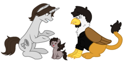 Size: 1096x556 | Tagged: safe, artist:unoriginai, bat pony, griffon, pony, unicorn, bat ponified, danny sexbang, egoraptor, foal, frown, game grumps, gay, griffonized, gritted teeth, jontron, jontron thread, magical gay spawn, male, offspring, open mouth, ponified, sitting, smiling, species swap, spread wings, stallion, trio, wide eyes