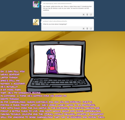 Size: 1280x1227 | Tagged: safe, artist:somescrub, twilight sparkle, anthro, ask nudist sweetie belle, g4, computer, female, laptop computer, solo, tent, tumblr, twilight sparkle (alicorn)