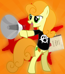 Size: 960x1080 | Tagged: safe, artist:quixodus, artist:silentmatten, carrot top, golden harvest, pony, g4, anarchist, anarchy, bipedal, female, megaphone, solo, standing